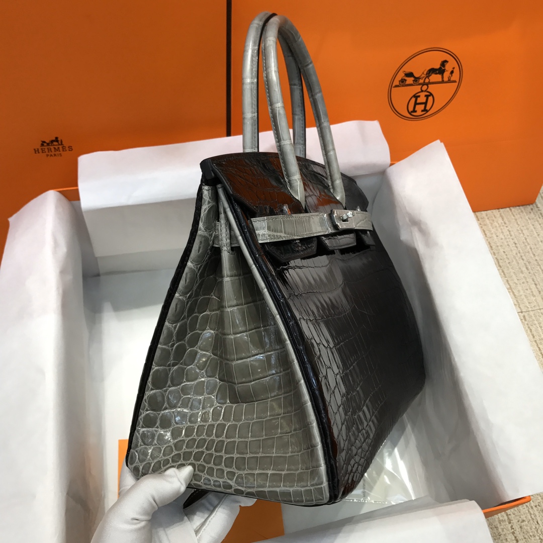 Hermes Birkin 30CM Handmade Bag In Black White Crocodile Niloticus Shiny Skin